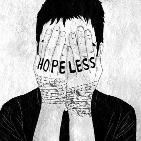 Σχέδιο ανθρώπου που κρύβει το πρόσωπό του με τις λέξεις "HOPELESS" στα χέρια- συμβολίζει τη βαθιά, παρατεταμένη θλίψη της δυσθυμίας