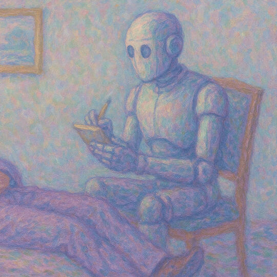 Ένας άντρας ξαπλωμένος σε ντιβάνι μιλά σε ένα ρομπότ που κρατά σημειώσεις σαν ψυχοθεραπευτής, σε ένα περιβάλλον που παραπέμπει σε κλασικό θεραπευτικό γραφείο. Η σκηνή αποδίδεται με παστέλ αποχρώσεις και εικαστικό ύφος εμπνευσμένο από τον ιμπρεσιονισμό.